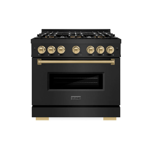 ZLINE Autograph Edition 36 in. 5.2 cu. ft. Classic Gas Range with 6 Burner DuoPro™ Cooktop and Convection Gas Oven in Black Stainless Steel and Champagne Bronze Accents, Open Box-Good Condition