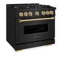 ZLINE Autograph Edition 36 in. 5.2 cu. ft. Classic Gas Range with 6 Burner DuoPro™ Cooktop and Convection Gas Oven in Black Stainless Steel and Champagne Bronze Accents, Open Box-Good Condition