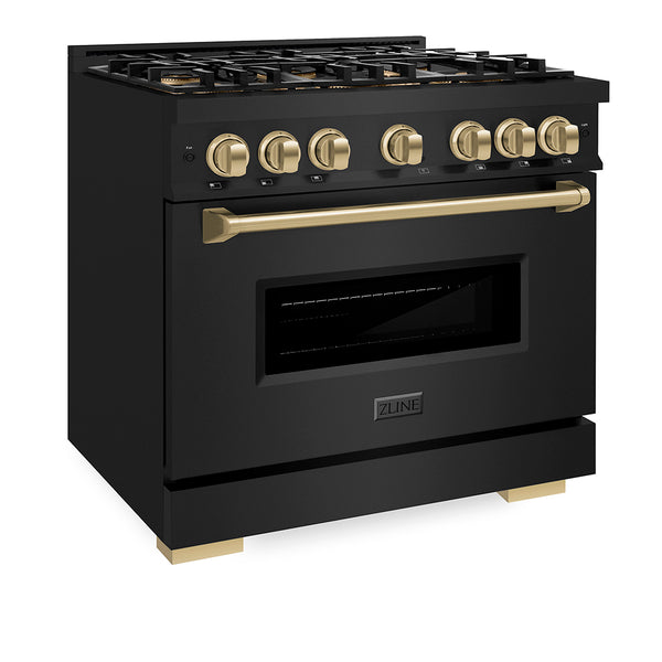 ZLINE Autograph Edition 36 in. 5.2 cu. ft. Classic Gas Range with 6 Burner DuoPro™ Cooktop and Convection Gas Oven in Black Stainless Steel and Champagne Bronze Accents (PCGRBZ-36-CB)