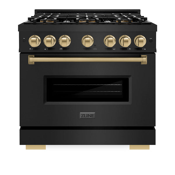 ZLINE Autograph Edition 36 in. 5.2 cu. ft. Classic Gas Range with 6 Burner DuoPro™ Cooktop and Convection Gas Oven in Black Stainless Steel and Champagne Bronze Accents, Open Box-Good Condition