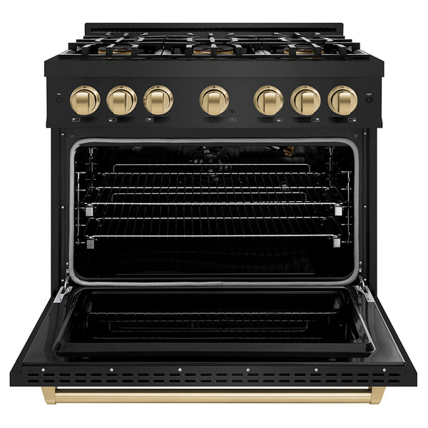 ZLINE Autograph Edition 36 in. 5.2 cu. ft. Classic Gas Range with 6 Burner DuoPro™ Cooktop and Convection Gas Oven in Black Stainless Steel and Champagne Bronze Accents (PCGRBZ-36-CB)