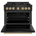 ZLINE Autograph Edition 36 in. 5.2 cu. ft. Classic Gas Range with 6 Burner DuoPro™ Cooktop and Convection Gas Oven in Black Stainless Steel and Champagne Bronze Accents, Open Box-Good Condition