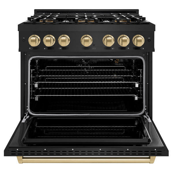ZLINE Autograph Edition 36 in. 5.2 cu. ft. Classic Gas Range with 6 Burner DuoPro™ Cooktop and Convection Gas Oven in Black Stainless Steel and Champagne Bronze Accents, Open Box-Good Condition