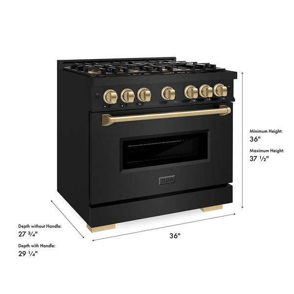 ZLINE Autograph Edition 36 in. 5.2 cu. ft. Classic Gas Range with 6 Burner DuoPro™ Cooktop and Convection Gas Oven in Black Stainless Steel and Champagne Bronze Accents (PCGRBZ-36-CB)