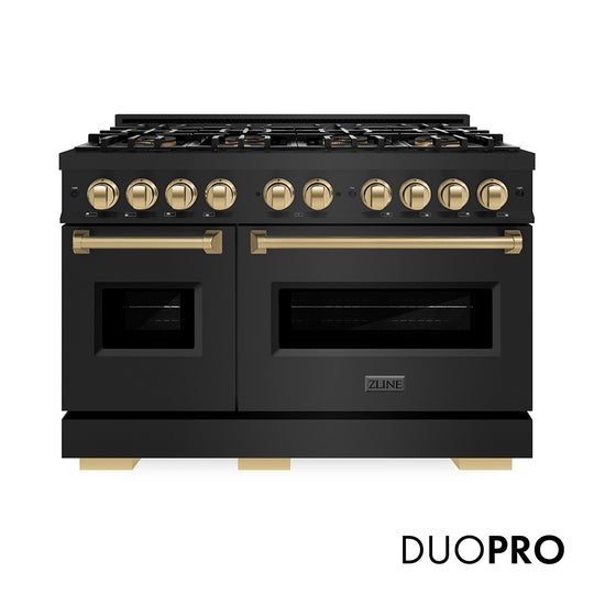 ZLINE Autograph Edition 48 in. 6.7 cu. ft. Classic Gas Range with 8 Burner DuoPro™ Cooktop and Dual Ovens in Black Stainless Steel and Champagne Bronze Accents (PCGRBZ-48-CB)