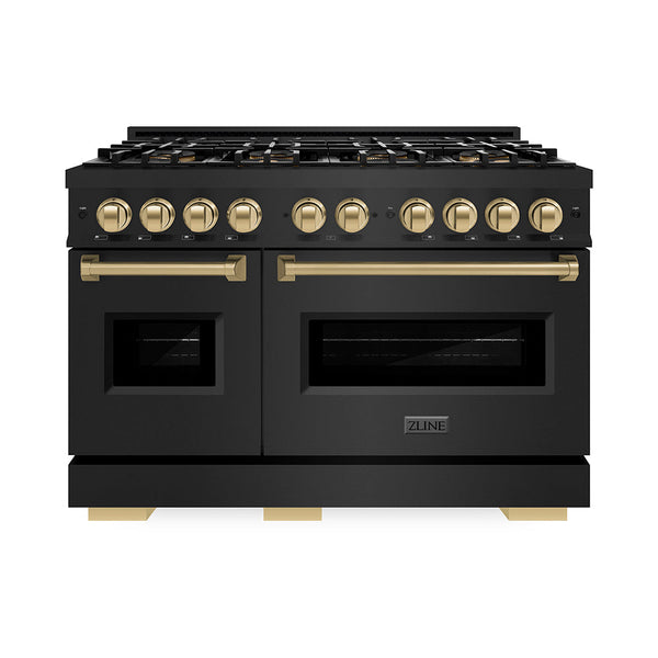 ZLINE Autograph Edition 48 in. 6.7 cu. ft. Classic Gas Range with 8 Burner DuoPro™ Cooktop and Dual Ovens in Black Stainless Steel and Champagne Bronze Accents, Open Box-Good Condition