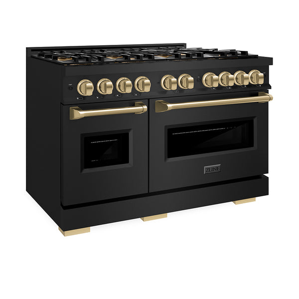 ZLINE Autograph Edition 48 in. 6.7 cu. ft. Classic Gas Range with 8 Burner DuoPro™ Cooktop and Dual Ovens in Black Stainless Steel and Champagne Bronze Accents (PCGRBZ-48-CB)