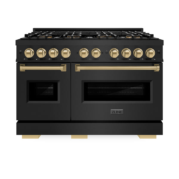 ZLINE Autograph Edition 48 in. 6.7 cu. ft. Classic Gas Range with 8 Burner DuoPro™ Cooktop and Dual Ovens in Black Stainless Steel and Champagne Bronze Accents (PCGRBZ-48-CB)