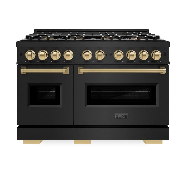 ZLINE Autograph Edition 48 in. 6.7 cu. ft. Classic Gas Range with 8 Burner DuoPro™ Cooktop and Dual Ovens in Black Stainless Steel and Champagne Bronze Accents, Open Box-Good Condition