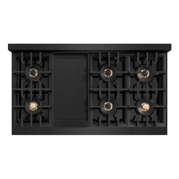 ZLINE Autograph Edition 48 in. 6.7 cu. ft. Classic Gas Range with 8 Burner DuoPro™ Cooktop and Dual Ovens in Black Stainless Steel and Champagne Bronze Accents (PCGRBZ-48-CB)