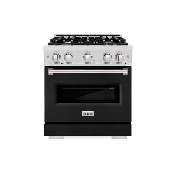 ZLINE 30 in. 4.2 cu. ft. Classic Gas Range with 4 Burner Cooktop and Convection Gas Oven in DuraSnow® Stainless Steel with Black Matte Door (CGRS-BLM-30)