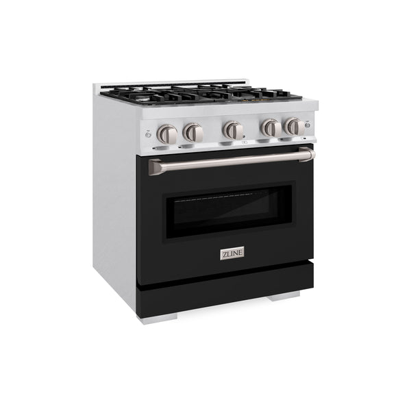 ZLINE 30 in. 4.2 cu. ft. Classic Gas Range with 4 Burner Cooktop and Convection Gas Oven in DuraSnow® Stainless Steel with Black Matte Door (CGRS-BLM-30)