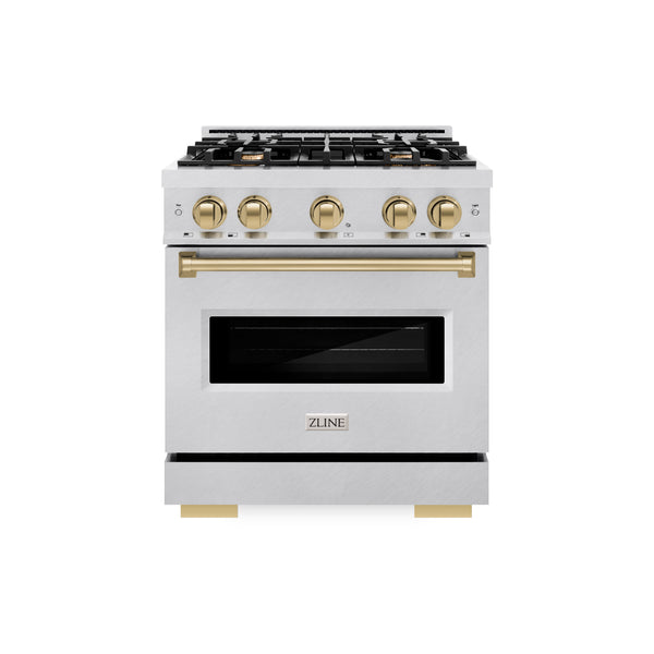 ZLINE Autograph Edition 30 in. 4.2 cu. ft. Classic Dual Fuel Range with 4 Burner Gas Cooktop and Electric Convection Oven in DuraSnow® Stainless Steel with Champagne Bronze Accents (CDRSZ-30-CB)