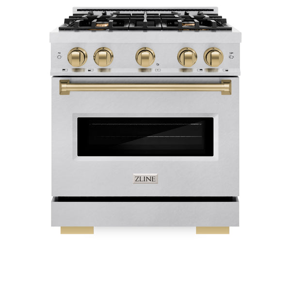 ZLINE Autograph Edition 30 in. 4.2 cu. ft. Classic Dual Fuel Range with 4 Burner Gas Cooktop and Electric Convection Oven in DuraSnow® Stainless Steel with Champagne Bronze Accents (CDRSZ-30-CB)