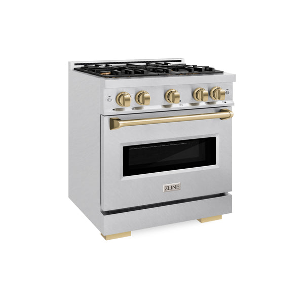 ZLINE Autograph Edition 30 in. 4.2 cu. ft. Classic Dual Fuel Range with 4 Burner Gas Cooktop and Electric Convection Oven in DuraSnow® Stainless Steel with Champagne Bronze Accents (CDRSZ-30-CB)