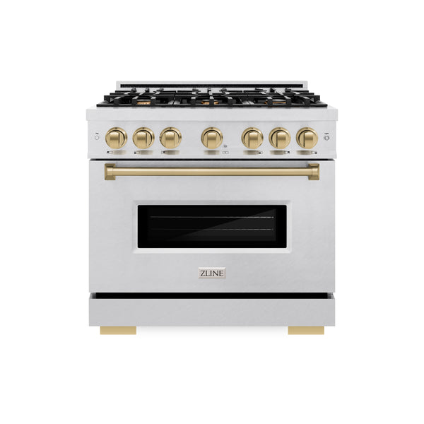 ZLINE Autograph Edition 36 in. 5.2 cu. ft. Classic Dual Fuel Range with 6 Burner Gas Cooktop and Electric Convection Oven in DuraSnow® Stainless Steel with Champagne Bronze Accents (CDRSZ-36-CB)