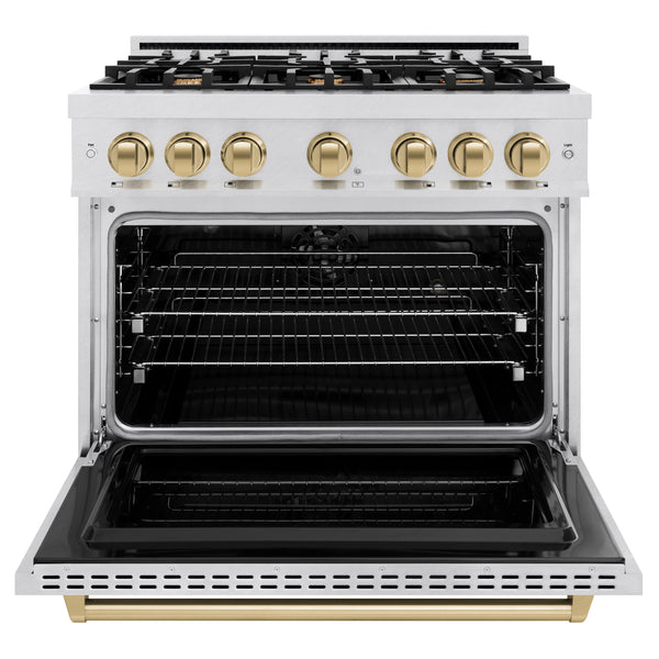 ZLINE Autograph Edition 36 in. 5.2 cu. ft. Classic Dual Fuel Range with 6 Burner Gas Cooktop and Electric Convection Oven in DuraSnow® Stainless Steel with Champagne Bronze Accents (CDRSZ-36-CB)