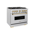 ZLINE Autograph Edition 36 in. 5.2 cu. ft. Classic Dual Fuel Range with 6 Burner Gas Cooktop and Electric Convection Oven in DuraSnow® Stainless Steel with Champagne Bronze Accents (CDRSZ-36-CB)