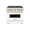 ZLINE Autograph Edition 36 in. 5.2 cu. ft. Classic Dual Fuel Range with 6 Burner Gas Cooktop and Electric Convection Oven in DuraSnow® Stainless Steel with White Matte Door and Polished Gold Accents (CDRSZ-WM-36-G)