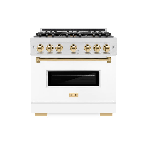 ZLINE Autograph Edition 36 in. 5.2 cu. ft. Classic Dual Fuel Range with 6 Burner Gas Cooktop and Electric Convection Oven in DuraSnow® Stainless Steel with White Matte Door and Polished Gold Accents (CDRSZ-WM-36-G)