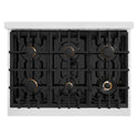 ZLINE Autograph Edition 36 in. 5.2 cu. ft. Classic Dual Fuel Range with 6 Burner Gas Cooktop and Electric Convection Oven in DuraSnow® Stainless Steel with White Matte Door and Polished Gold Accents (CDRSZ-WM-36-G)