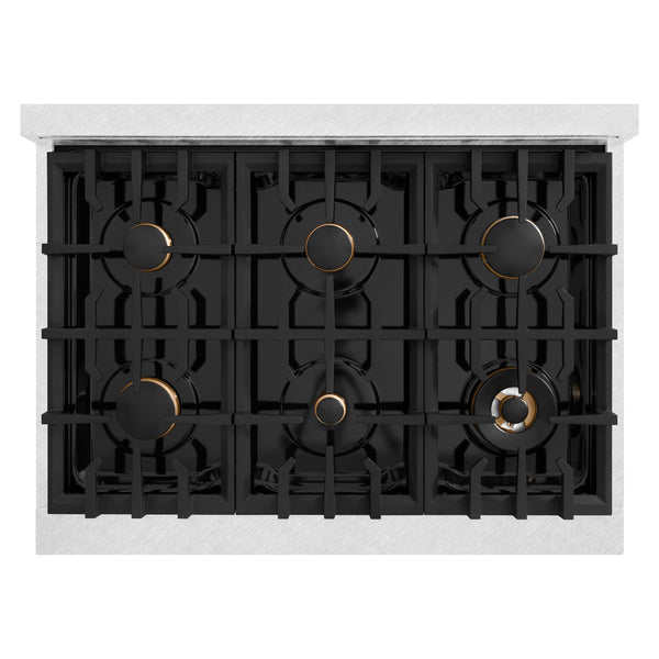 ZLINE Autograph Edition 36 in. 5.2 cu. ft. Classic Dual Fuel Range with 6 Burner Gas Cooktop and Electric Convection Oven in DuraSnow® Stainless Steel with White Matte Door and Polished Gold Accents (CDRSZ-WM-36-G)