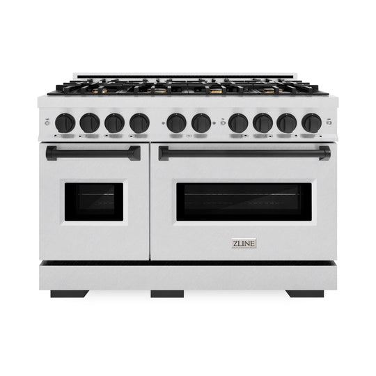 ZLINE Autograph Edition 48 in. 6.7 cu. ft. Classic Double Oven Dual Fuel Range with 8 Burner Gas Cooktop in Satin Stainless Steel and Matte Black Accents (CDRSZ-48-MB)