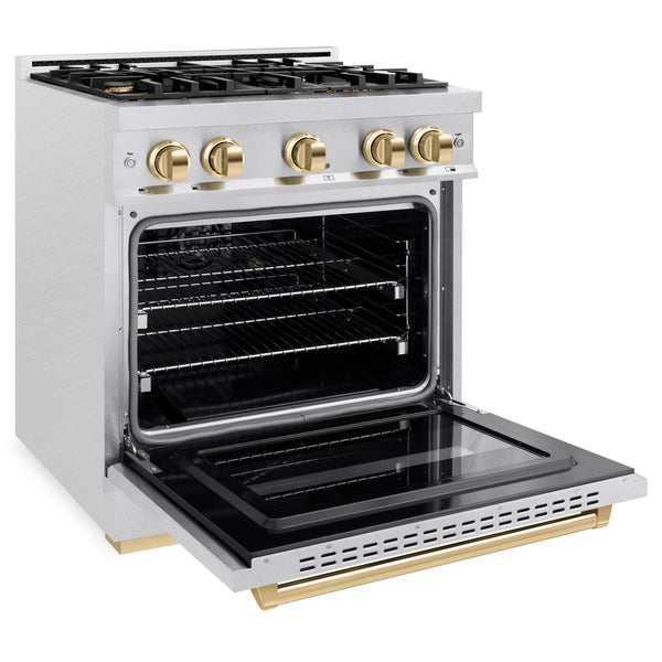 ZLINE Autograph Edition 30 in. 4.2 cu. ft. Classic Dual Fuel Range with 4 Burner Gas Cooktop and Electric Convection Oven in DuraSnow® Stainless Steel with Polished Gold Accents (CDRSZ-30-G)