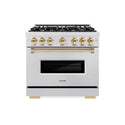 ZLINE Autograph Edition 36 in. 5.2 cu. ft. Classic Dual Fuel Range with 6 Burner Gas Cooktop and Electric Convection Oven in DuraSnow® Stainless Steel with Polished Gold Accents (CDRSZ-36-G)