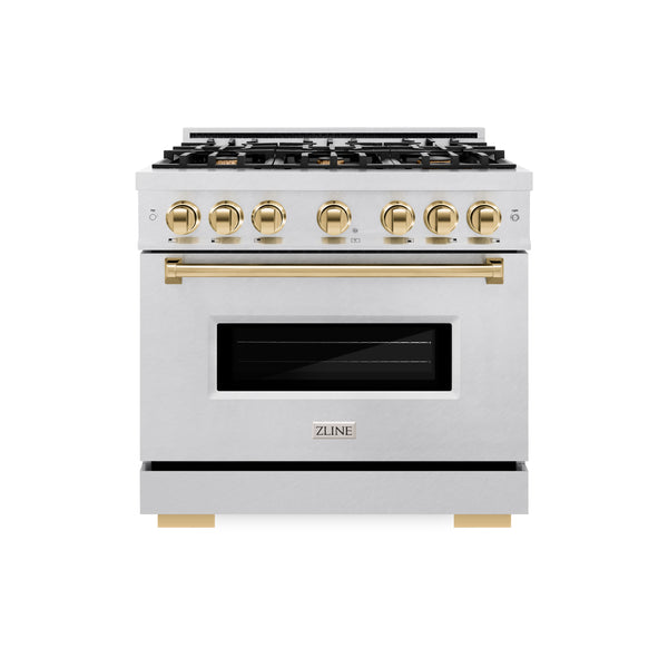 ZLINE Autograph Edition 36 in. 5.2 cu. ft. Classic Dual Fuel Range with 6 Burner Gas Cooktop and Electric Convection Oven in DuraSnow® Stainless Steel with Polished Gold Accents (CDRSZ-36-G)