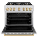 ZLINE Autograph Edition 36 in. 5.2 cu. ft. Classic Dual Fuel Range with 6 Burner Gas Cooktop and Electric Convection Oven in DuraSnow® Stainless Steel with Polished Gold Accents (CDRSZ-36-G)