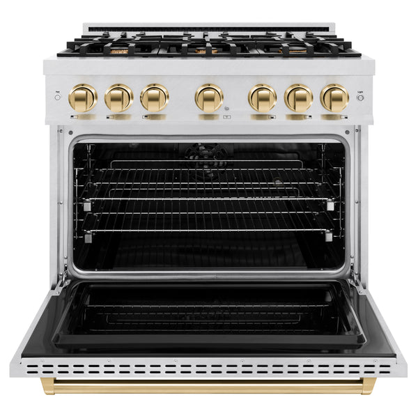 ZLINE Autograph Edition 36 in. 5.2 cu. ft. Classic Dual Fuel Range with 6 Burner Gas Cooktop and Electric Convection Oven in DuraSnow® Stainless Steel with Polished Gold Accents (CDRSZ-36-G)