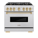 ZLINE Autograph Edition 36 in. 5.2 cu. ft. Classic Dual Fuel Range with 6 Burner Gas Cooktop and Electric Convection Oven in DuraSnow® Stainless Steel with Polished Gold Accents (CDRSZ-36-G)