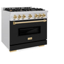 ZLINE Autograph Edition 36 in. 5.2 cu. ft. Classic Dual Fuel Range with 6 Burner Gas Cooktop and Electric Convection Oven in DuraSnow® Stainless Steel with Black Matte Door and Polished Gold Accents (CDRSZ-BLM-36-G)