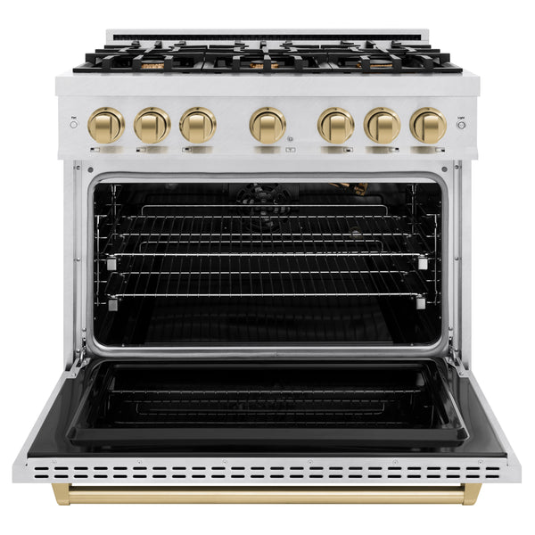 ZLINE Autograph Edition 36 in. 5.2 cu. ft. Classic Gas Range with 6 Burner Cooktop and Convection Gas Oven in DuraSnow® Stainless Steel and Champagne Bronze Accents (CGRSZ-36-CB)