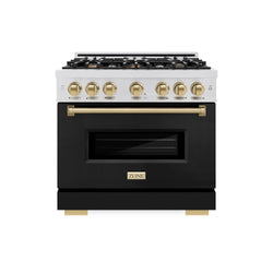 ZLINE Autograph Edition 36 in. 5.2 cu. ft. Classic Gas Range with 6 Burner Cooktop and Convection Gas Oven in Satin Stainless Steel with Black Matte Door and Champagne Bronze Accents (CGRSZ-BLM-36-CB)