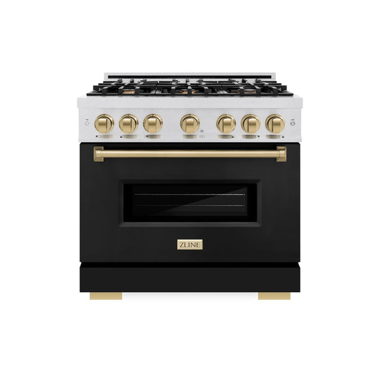 ZLINE Autograph Edition 36 in. 5.2 cu. ft. Classic Gas Range with 6 Burner Cooktop and Convection Gas Oven in Satin Stainless Steel with Black Matte Door and Champagne Bronze Accents (CGRSZ-BLM-36-CB)