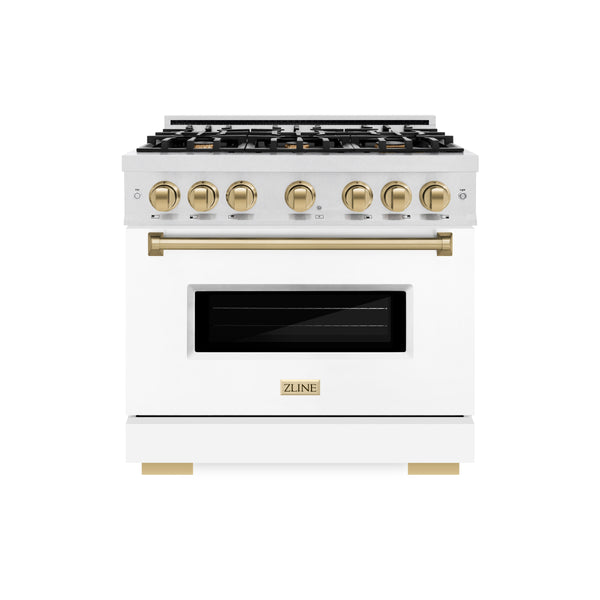 ZLINE Autograph Edition 36 in. 5.2 cu. ft. Classic Gas Range with 6 Burner Cooktop and Convection Gas Oven in DuraSnow® Stainless Steel with White Matte Door and Champagne Bronze Accents (CGRSZ-WM-36-CB)