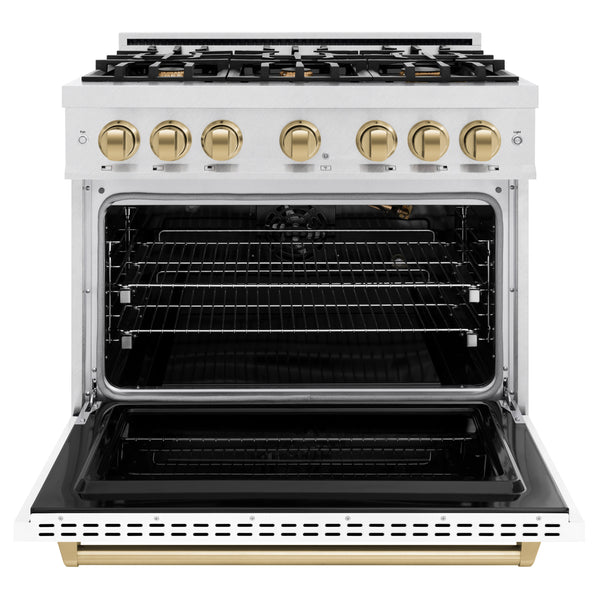 ZLINE Autograph Edition 36 in. 5.2 cu. ft. Classic Gas Range with 6 Burner Cooktop and Convection Gas Oven in DuraSnow® Stainless Steel with White Matte Door and Champagne Bronze Accents (CGRSZ-WM-36-CB)