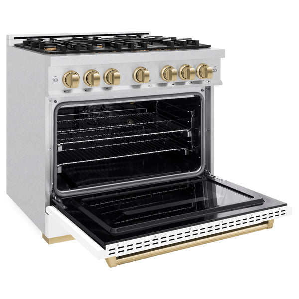 ZLINE Autograph Edition 36 in. 5.2 cu. ft. Classic Gas Range with 6 Burner Cooktop and Convection Gas Oven in DuraSnow® Stainless Steel with White Matte Door and Champagne Bronze Accents (CGRSZ-WM-36-CB)