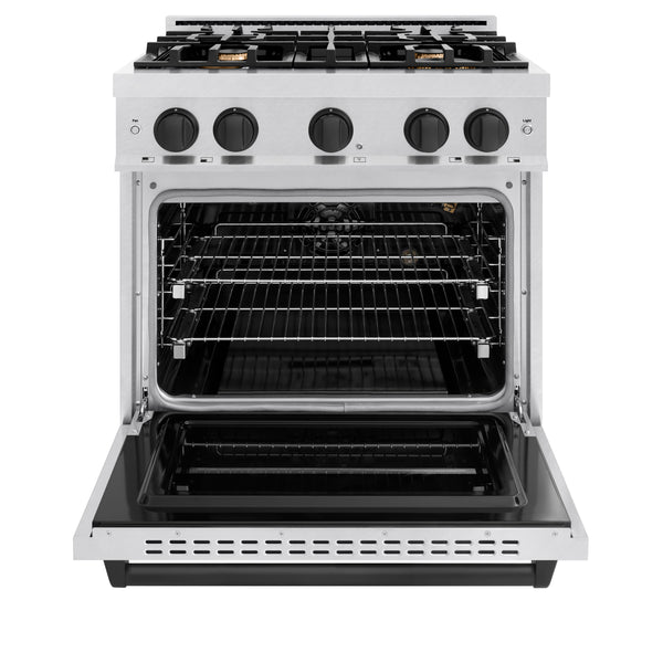 ZLINE Autograph Edition 30 in. 4.2 cu. ft. Classic Gas Range with 4 Burner Cooktop and Convection Gas Oven in DuraSnow® Stainless Steel and Matte Black Accents (CGRSZ-30-MB)