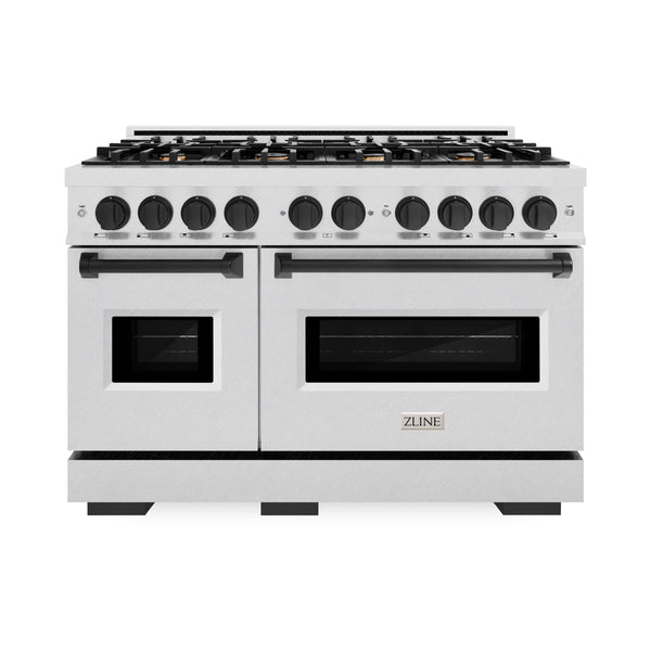 ZLINE Autograph Edition 48 in. 6.7 cu. ft. Classic Double Oven Gas Range with 8 Burner Cooktop in DuraSnow® Stainless Steel and Matte Black Accents (CGRSZ-48-MB)