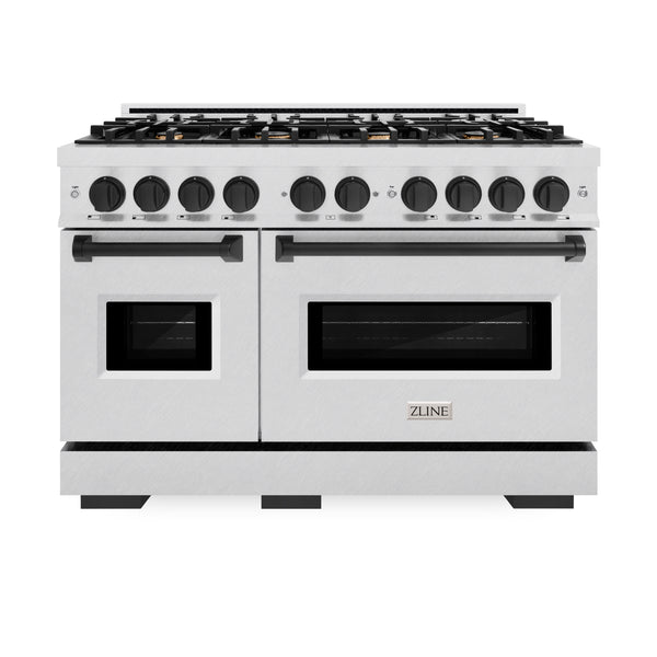 ZLINE Autograph Edition 48 in. 6.7 cu. ft. Classic Double Oven Gas Range with 8 Burner Cooktop in DuraSnow® Stainless Steel and Matte Black Accents (CGRSZ-48-MB)