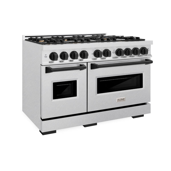 ZLINE Autograph Edition 48 in. 6.7 cu. ft. Classic Double Oven Gas Range with 8 Burner Cooktop in DuraSnow® Stainless Steel and Matte Black Accents (CGRSZ-48-MB)