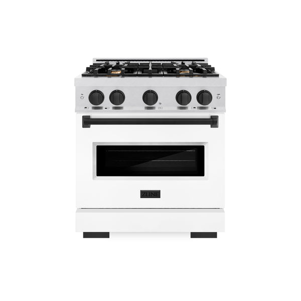 ZLINE Autograph Edition 30 in. 4.2 cu. ft. Classic Gas Range with 4 Burner Cooktop and Convection Gas Oven in DuraSnow® Stainless Steel with White Matte Door and Matte Black Accents (CGRSZ-WM-30-MB)