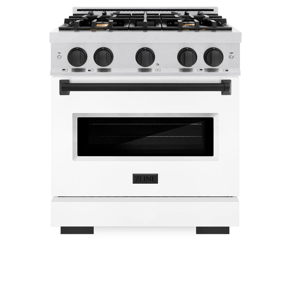 ZLINE Autograph Edition 30 in. 4.2 cu. ft. Classic Gas Range with 4 Burner Cooktop and Convection Gas Oven in DuraSnow® Stainless Steel with White Matte Door and Matte Black Accents (CGRSZ-WM-30-MB)