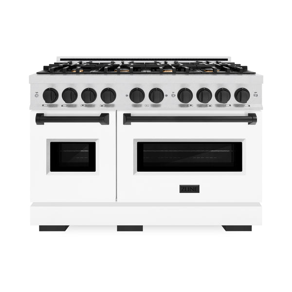 ZLINE Autograph Edition 48 in. 6.7 cu. ft. Classic Double Oven Gas Range with 8 Burner Cooktop in DuraSnow® Stainless Steel with White Matte Doors and Matte Black Accents (CGRSZ-WM-48-MB)