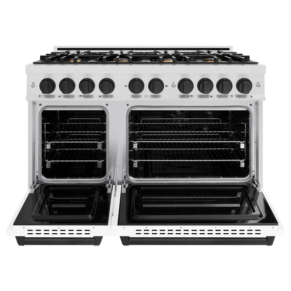 ZLINE Autograph Edition 48 in. 6.7 cu. ft. Classic Double Oven Gas Range with 8 Burner Cooktop in DuraSnow® Stainless Steel with White Matte Doors and Matte Black Accents (CGRSZ-WM-48-MB)