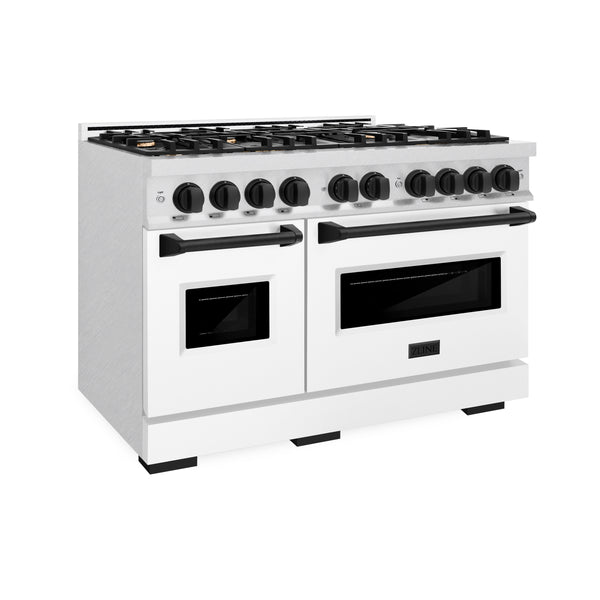 ZLINE Autograph Edition 48 in. 6.7 cu. ft. Classic Double Oven Gas Range with 8 Burner Cooktop in DuraSnow® Stainless Steel with White Matte Doors and Matte Black Accents (CGRSZ-WM-48-MB)