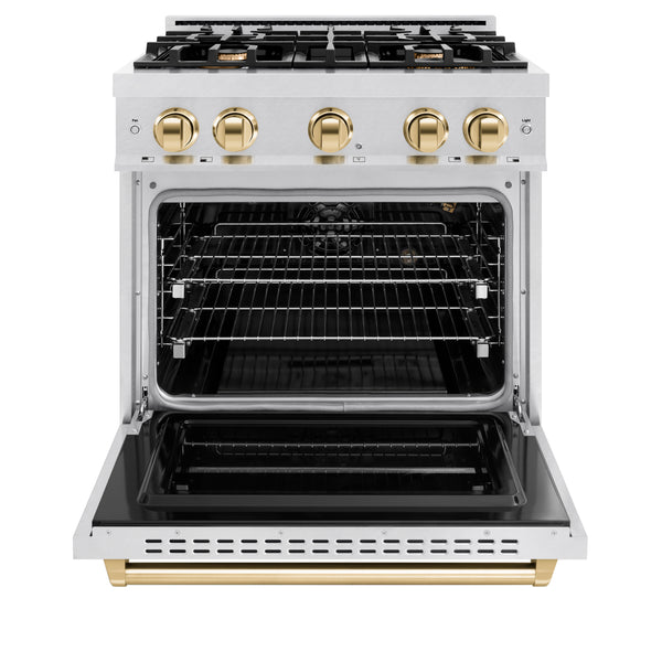 ZLINE Autograph Edition 30 in. 4.2 cu. ft. Classic Gas Range with 4 Burner Cooktop and Convection Gas Oven in DuraSnow® Stainless Steel and Polished Gold Accents (CGRSZ-30-G)